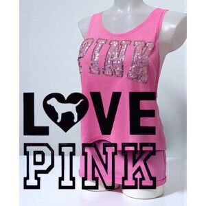 Victoria’s Secret PINK Crop Tank Top Sequin Logo Neon Y2K Athletic Fashion Sz M